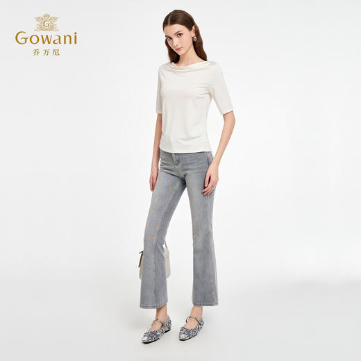 乔万尼2026夏季新款荡领T恤女短袖修身显瘦上衣纯色气质款 商品图3