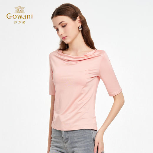 乔万尼2026夏季新款荡领T恤女短袖修身显瘦上衣纯色气质款 商品图1