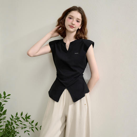优雅气质通勤风小V领开叉T恤女夏季抽褶收腰背心上衣LXD50652 商品图6
