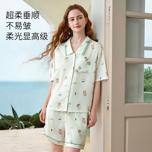 【家居服专场】嫚熙女士睡衣夏季薄款吸湿柔顺冰丝流光绸家居服套装情侣短袖新品 商品图4