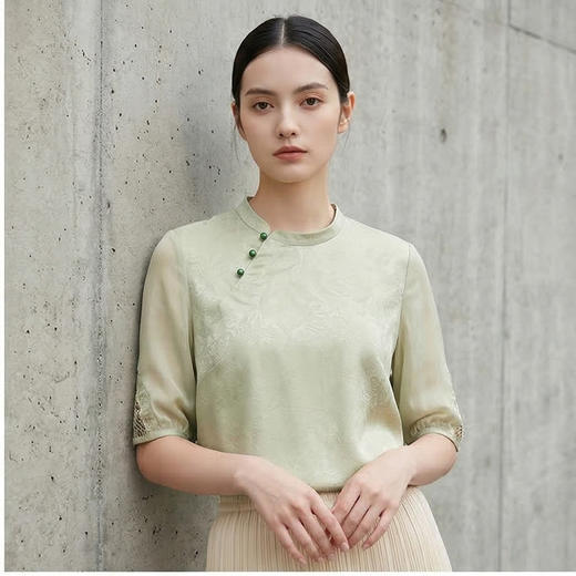 PALUOPO/PL斜立领精致大方新中式衬衫花萝桑蚕丝T恤ES2F0223Z 商品图3