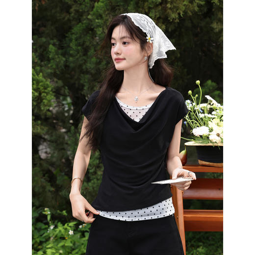 鹿向南【0428/20:00新品前1小时7折限量100件】黑色假两件T恤 商品图0