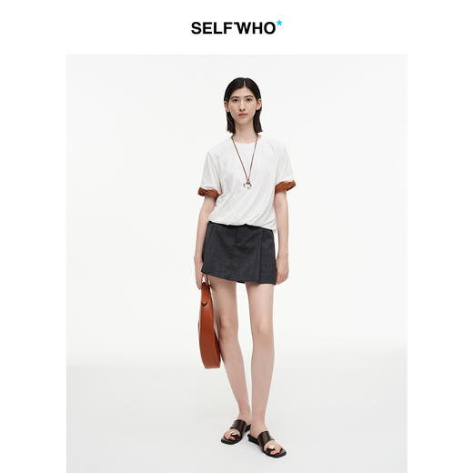 SELFWHO绿绒蒿系列纯棉撞色假两件扭褶袖短袖女2026夏新款圆领T恤 商品图1