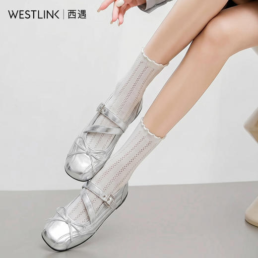 西遇银色玛丽珍鞋女2026新款春夏厚底蝴蝶结一字扣浅口芭蕾单鞋子V0066455 商品图1