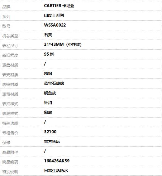【95新】CARTIER卡地亚WSSA0022石英31*43MM（中性款）山度士系列  精钢160426AK59 商品图8