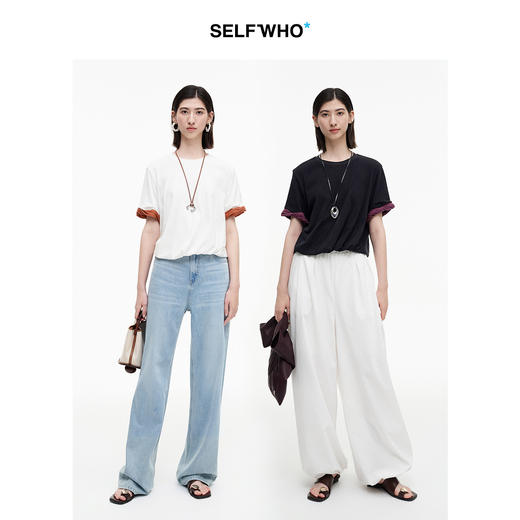 SELFWHO绿绒蒿系列纯棉撞色假两件扭褶袖短袖女2026夏新款圆领T恤 商品图2
