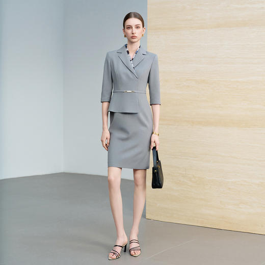 IWY/气质灰色七分袖西装连衣裙女假两件高级感职业装通勤工作服6Q08 商品图1