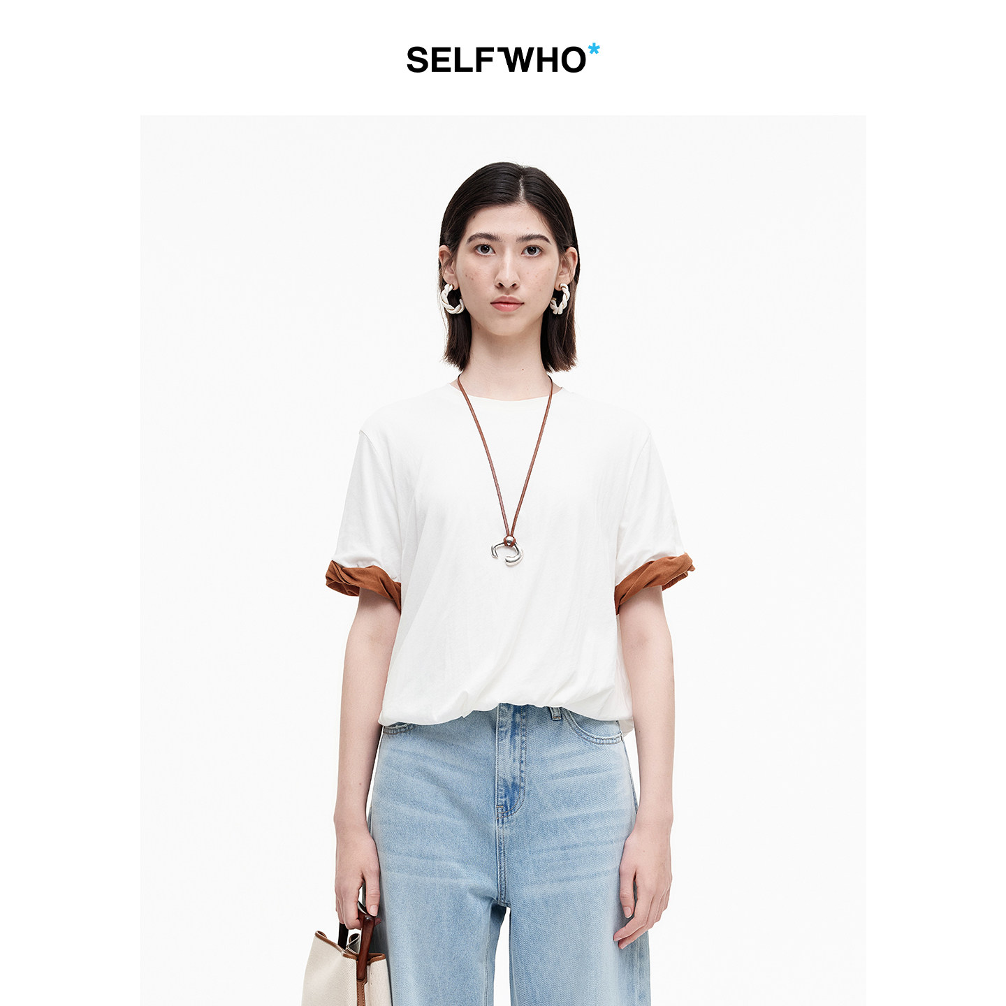 SELFWHO绿绒蒿系列纯棉撞色假两件扭褶袖短袖女2026夏新款圆领T恤