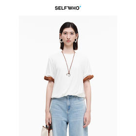 SELFWHO绿绒蒿系列纯棉撞色假两件扭褶袖短袖女2026夏新款圆领T恤