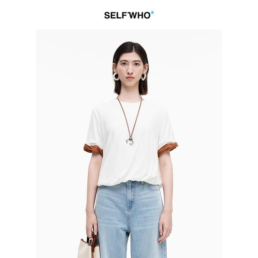 SELFWHO绿绒蒿系列纯棉撞色假两件扭褶袖短袖女2026夏新款圆领T恤 商品图0