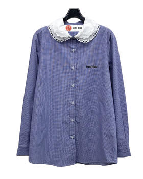 女款花边领格纹长袖衬衫la017
