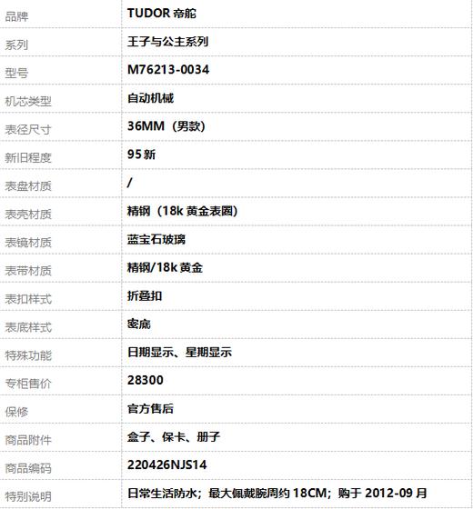 【95新】TUDOR帝舵M76213-0034自动机械日期显示、星期显示36MM（男款）王子与公主系列 精钢（18k黄金表圈）220426NJS14 商品图10