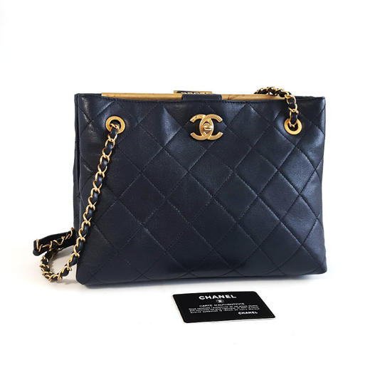 【95新】CHANEL香奈儿藏蓝色牛皮菱格双面tote托特包单肩包女士210426AK02 商品图1