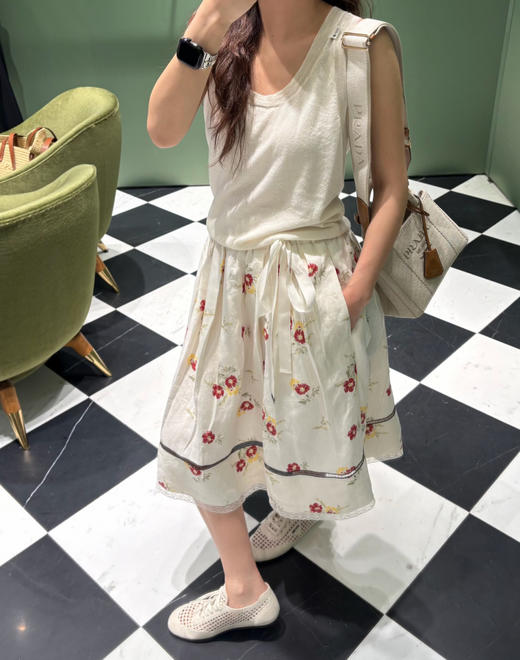 女款棉麻蕾丝拼接碎花半裙zh020 商品图3