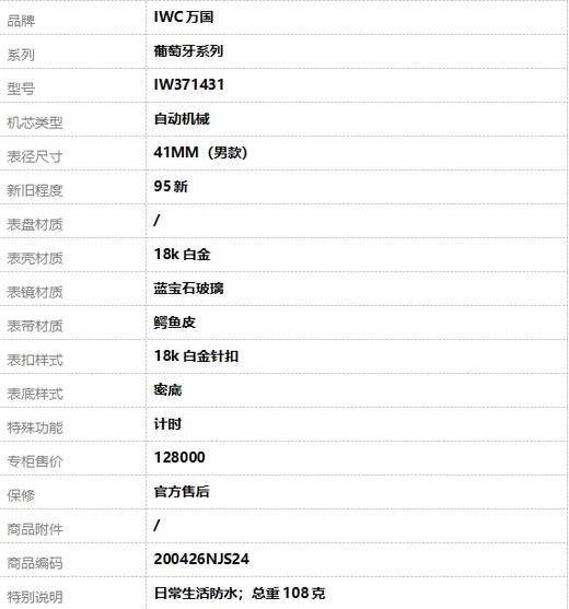 【95新】IWC万国IW371431自动机械计时41MM（男款）葡萄牙系列 18k白金200426NJS24 商品图9