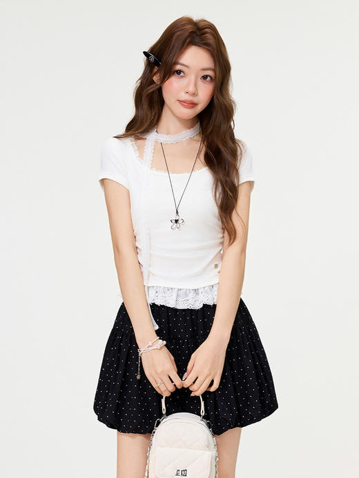 西遇蕾丝拼接短袖T恤女2026年夏季新款纯欲风方领收腰上衣配丝巾SS060350 商品图2