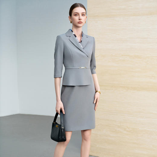 IWY/气质灰色七分袖西装连衣裙女假两件高级感职业装通勤工作服6Q08 商品图2