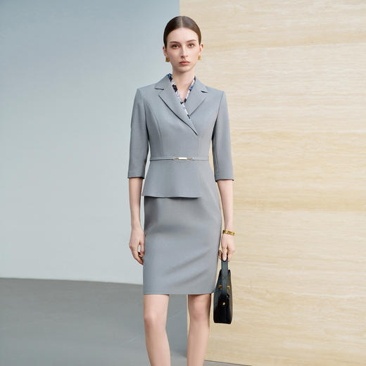 IWY/气质灰色七分袖西装连衣裙女假两件高级感职业装通勤工作服6Q08 商品图3