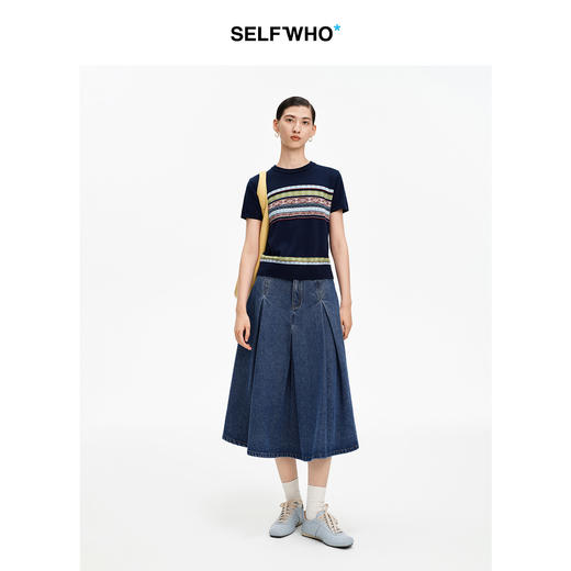 SELFWHO天丝绵羊毛混纺撞色条纹短袖T恤女2026夏新款圆领正肩上衣 商品图3