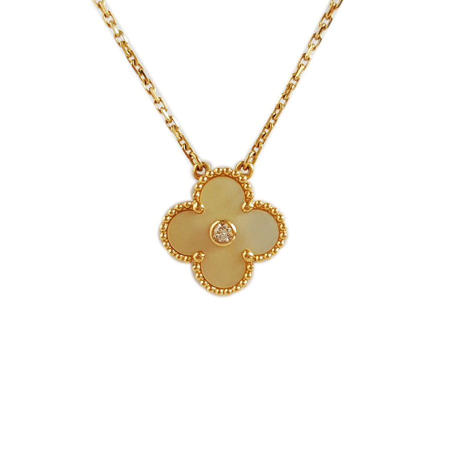 【95新】VCA梵克雅宝Vintage Alhambra系列VCARP2R700黄金贝母单钻18年圣诞限定款四叶草项链 链长约42cm女士170426AK129