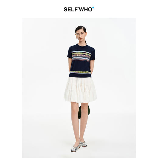 SELFWHO天丝绵羊毛混纺撞色条纹短袖T恤女2026夏新款圆领正肩上衣 商品图2