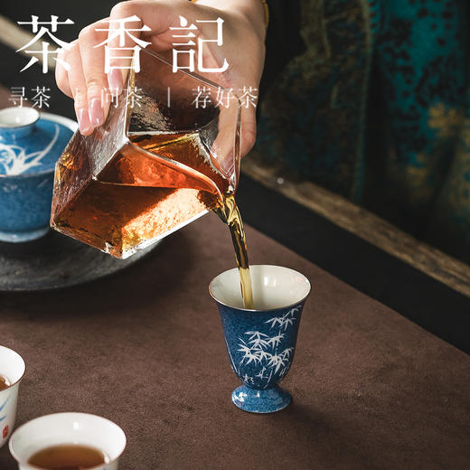 茶香记洒蓝银口文竹高脚杯50ml陶瓷茶杯颜色釉古典清雅高挑聚香 商品图3