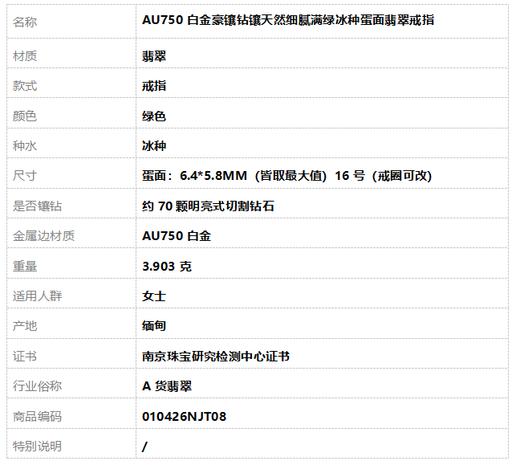 【天然正品】A货翡翠AU750白金豪镶钻镶天然细腻满绿冰种蛋面翡翠戒指16号（戒圈可改）010426NJT08 商品图8