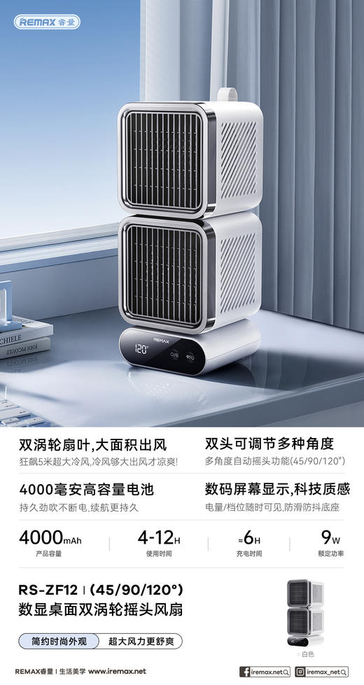 REMAX数显桌面双涡轮摇头风扇 RS-ZF12白色 商品图1