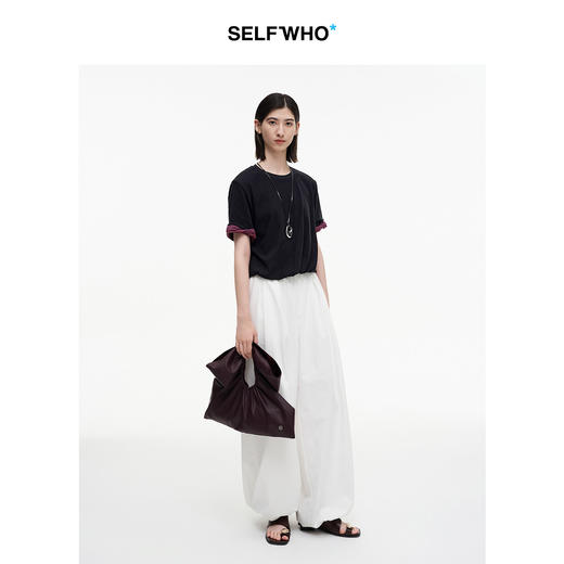 SELFWHO绿绒蒿系列纯棉撞色假两件扭褶袖短袖女2026夏新款圆领T恤 商品图4