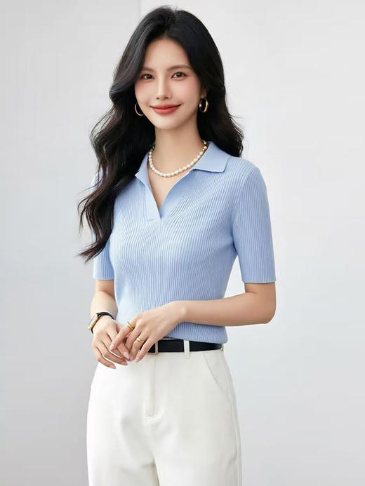 西遇米白色V领Polo针织衫女2026年夏季新款竖坑条修身短袖上衣SS060347 商品图3