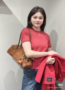 代购级COACH蔻驰女款时尚新款短袖红色满印T恤
