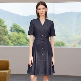 IWY/简约干练牛仔西装连衣裙女夏季短袖收腰显瘦职业套裙工作服26Q968