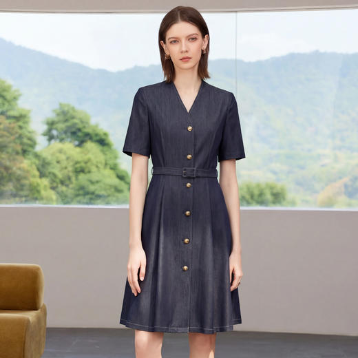 IWY/简约干练牛仔西装连衣裙女夏季短袖收腰显瘦职业套裙工作服26Q968 商品图0