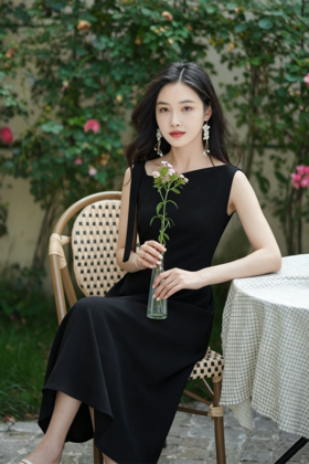 逸红颜明月优选｜#【黑玫瑰】🖤冰麻凉感斜肩飘带 赫本式优雅多场合小黑裙