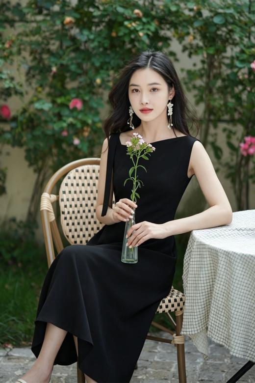 逸红颜明月优选｜#【黑玫瑰】🖤冰麻凉感斜肩飘带 赫本式优雅多场合小黑裙 商品图0