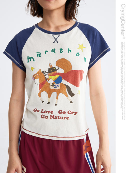 CryingCenter西部马拉松复古做旧雪花棉跑步趣味休闲插肩短袖 商品图3