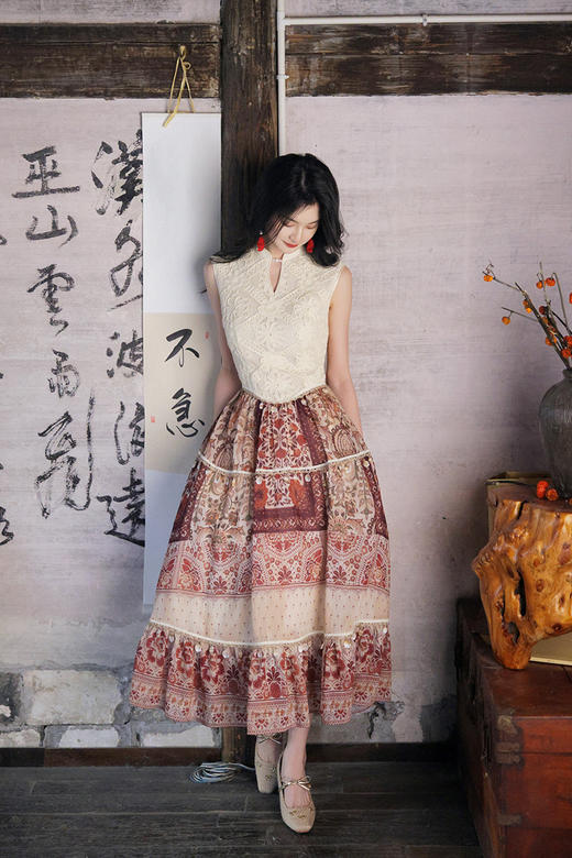 【多件多折】逸红颜明月优选 #『榴雾』榴花纳福・福运绵长｜波西米亚拼接改良旗袍连衣裙 商品图7