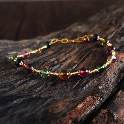 【天然正品】AU750精品黄金镶天然约5.3MM高净度糖果色多巴胺碧玺圆珠手链20CM（长短可调节）250326NJM32 商品图4