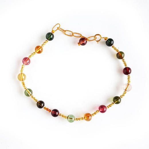 【天然正品】AU750精品黄金镶天然约5.3MM高净度糖果色多巴胺碧玺圆珠手链20CM（长短可调节）250326NJM32 商品图0