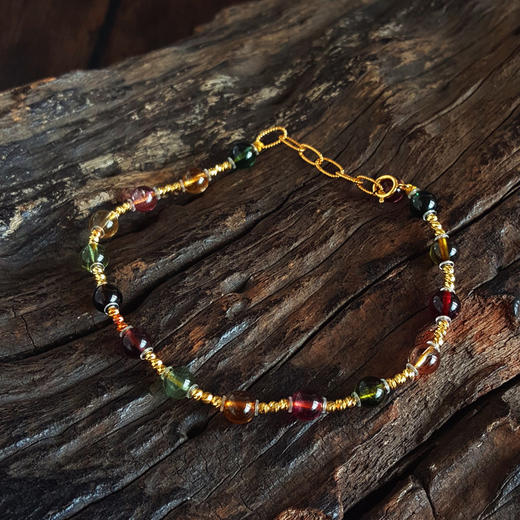 【天然正品】AU750精品黄金镶天然约5.3MM高净度糖果色多巴胺碧玺圆珠手链20CM（长短可调节）250326NJM32 商品图3