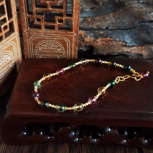 【天然正品】AU750精品黄金镶天然约5.3MM高净度糖果色多巴胺碧玺圆珠手链20CM（长短可调节）250326NJM32 商品图5