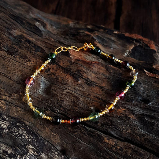 【天然正品】AU750精品黄金镶天然约5.3MM高净度糖果色多巴胺碧玺圆珠手链20CM（长短可调节）250326NJM32 商品图2