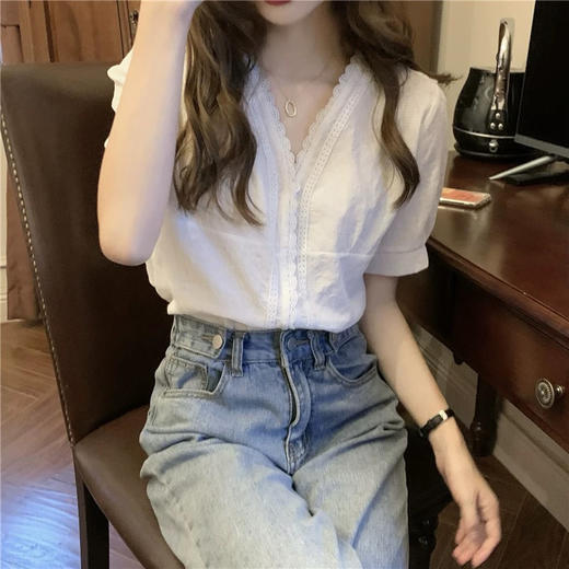 法式泡泡袖小众设计感V领衬衫衬衣0424 商品图8