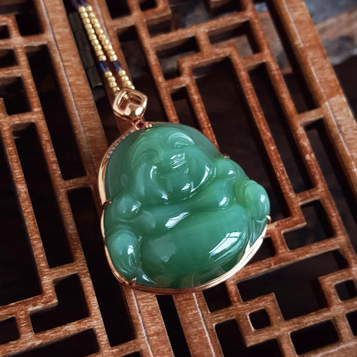 【天然正品】AU750精品玫瑰金镶钻镶天然细腻菠菜绿无黑点佛公造型碧玉猫眼和田玉吊坠项链 链长：45CM（长度可调节）160426NJM68 商品图7