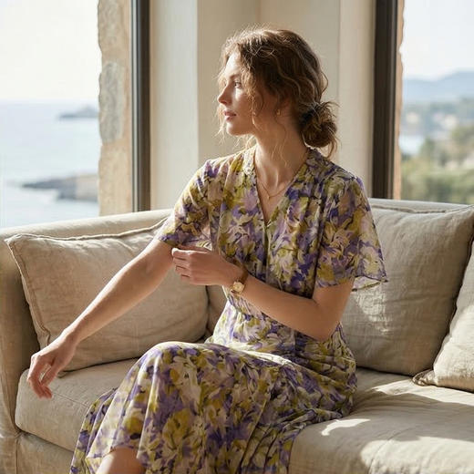 PALUOPO/PLV领收腰显瘦紫罗兰印花重磅真丝连衣裙ES2F0819Z 商品图2