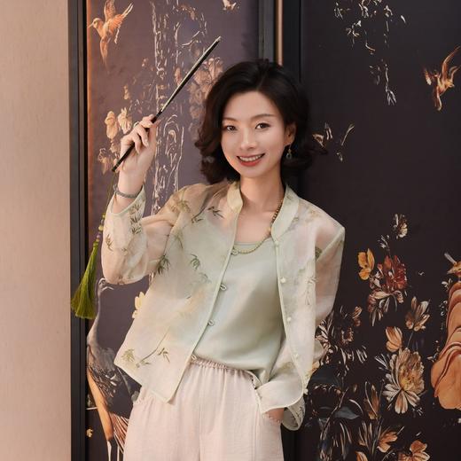 西子/竹露清桑蚕丝欧根纱夏季新中式竹叶印花外套/WTHJ0568 商品图2