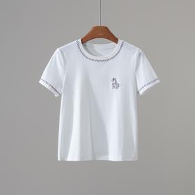 西子/小马T白色手工刺绣百搭短袖T恤/TXXS0678