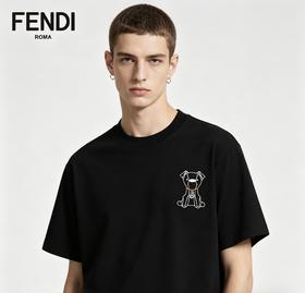 FENDI芬迪男女同款小狗图案刺绣宽松休闲圆领纯棉短袖T恤