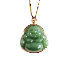 【天然正品】AU750精品玫瑰金镶钻镶天然细腻菠菜绿无黑点佛公造型碧玉猫眼和田玉吊坠项链 链长：45CM（长度可调节）160426NJM68
