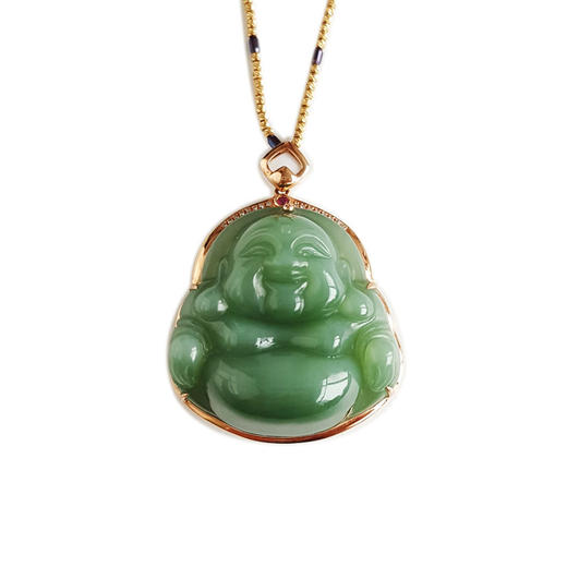 【天然正品】AU750精品玫瑰金镶钻镶天然细腻菠菜绿无黑点佛公造型碧玉猫眼和田玉吊坠项链 链长：45CM（长度可调节）160426NJM68 商品图0